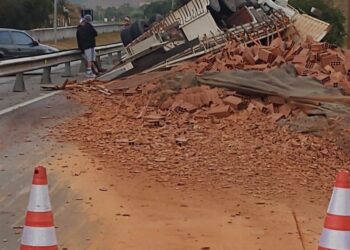 Caminhão com carga de tijolo tomba e deixa trânsito lento na BR-101