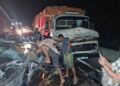 Acidente entre carro e dois caminhões deixa uma pessoa ferida, na BR-101