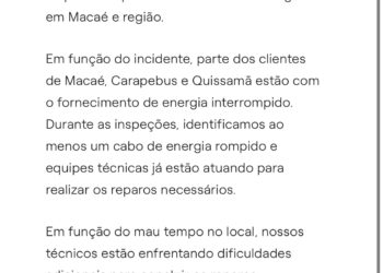 Enel emite comunicado sobre queda no fornecimento de energia em cidades do Norte Fluminense