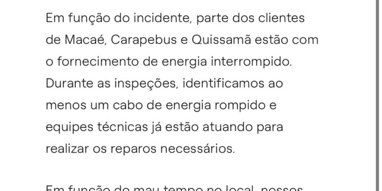 Enel emite comunicado sobre queda no fornecimento de energia em cidades do Norte Fluminense