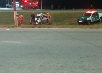 Carro capota após colidir com cavalo solto em via