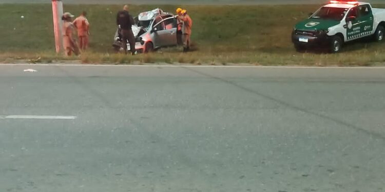 Carro capota após colidir com cavalo solto em via