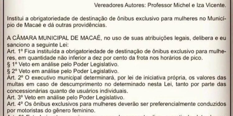 Agora é lei: prefeito sanciona medida para transporte exclusivo para mulheres