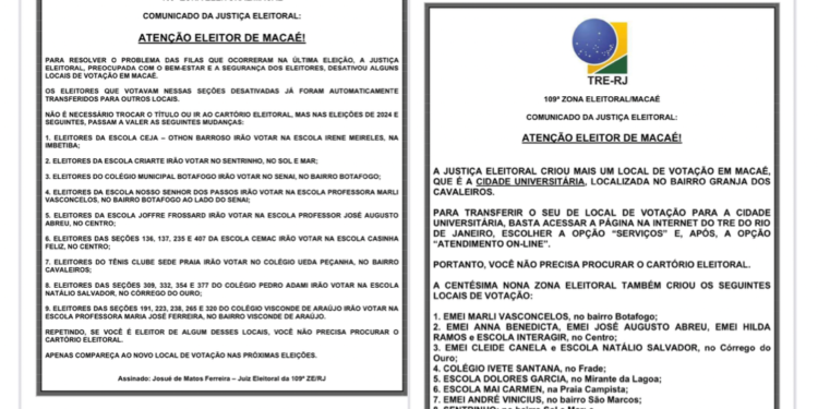 Eleitor da 109ª Zona de Macaé: Justiça Eleitoral emite comunicado