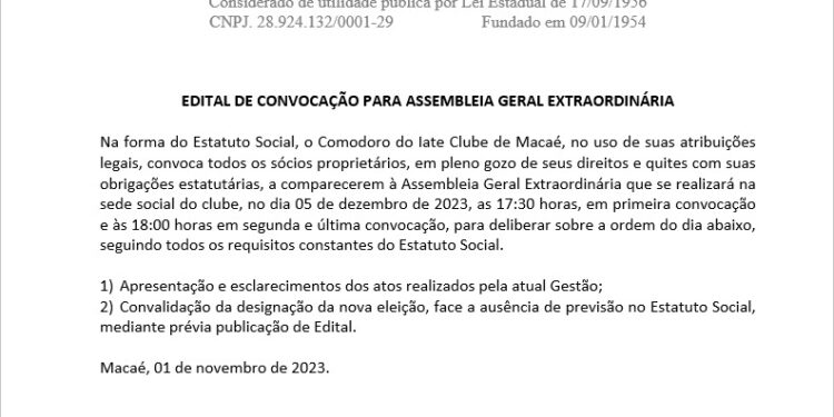 Edital de Convocação para Assembleia Geral Extraordinária do Iate Clube de Macaé