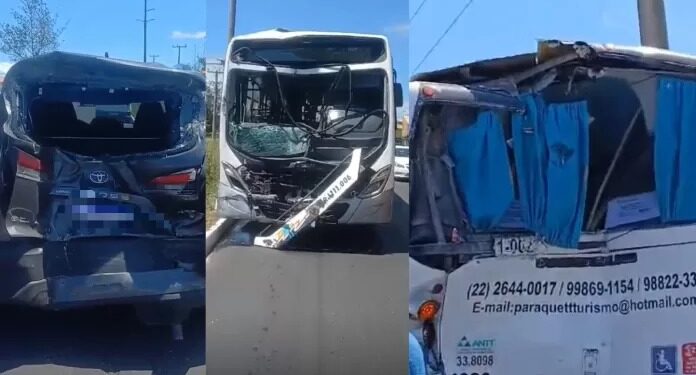 Acidente entre dois ônibus e um carro deixa sete feridos em Cabo Frio