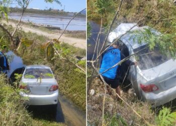 Motorista fica gravemente ferido após carro capotar e cair em área particular na Praia do Siqueira