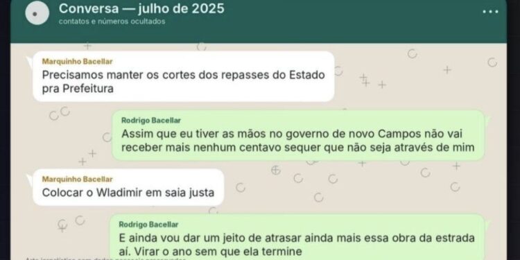 Mensagens atribuídas a Bacellar citam pressão política contra Campos