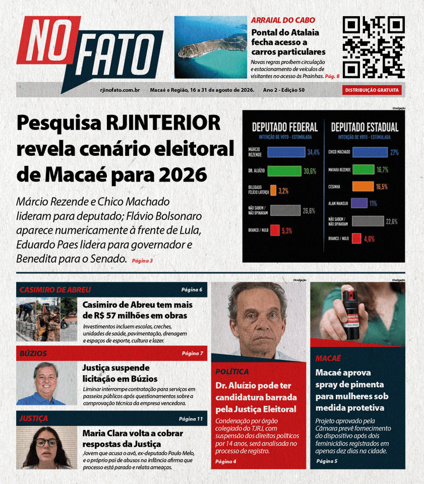 Capa da Edição 50 de agosto de 2026 do jornal NO FATO do portal RJ Interior (RJI).