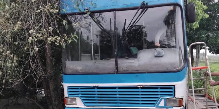 Ônibus escolar fica preso em ponte de madeira e estudantes precisam sair pela janela